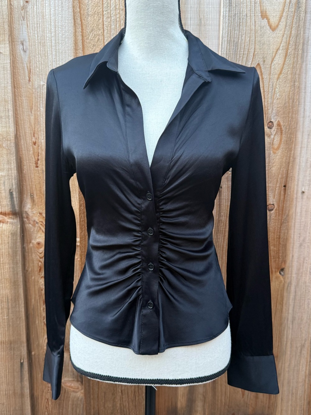 Zara Black Satin Ruched Button-Down Shirt